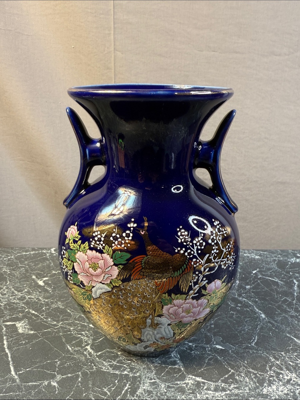 Cobalt Blue Peacock Floral Ceramic Japanese vase